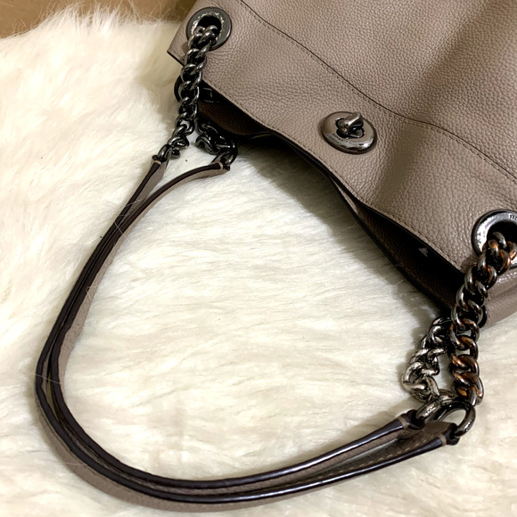 COACH Stone Gray/Gunmetal Leather Triple EntryTurnlock EDIE Chain Tote #36855 - Picture 10 of 16